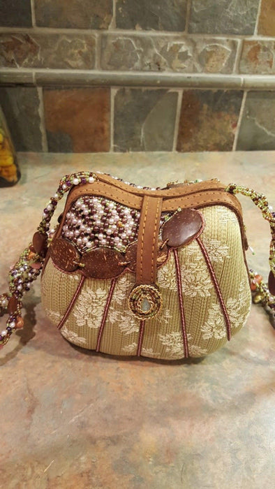 Mary Frances Green & Brown Hand Bag with Flowers Retired Design