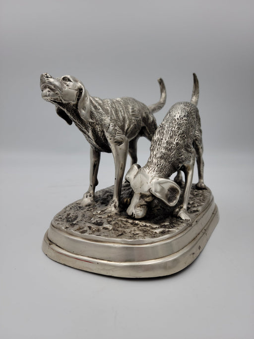 Detailed Pewter Plated Hunting Dog Statue - Two Dogs in Hunt Mode - Sportsman's Decor