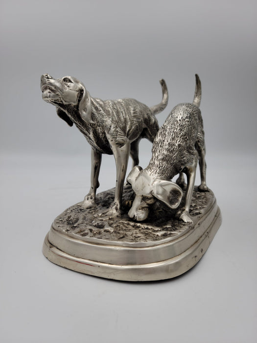 Detailed Pewter Plated Hunting Dog Statue - Two Dogs in Hunt Mode - Sportsman's Decor