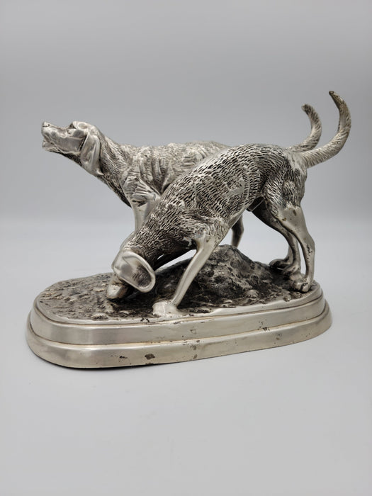 Detailed Pewter Plated Hunting Dog Statue - Two Dogs in Hunt Mode - Sportsman's Decor