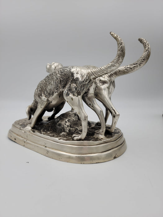 Detailed Pewter Plated Hunting Dog Statue - Two Dogs in Hunt Mode - Sportsman's Decor