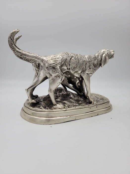 Detailed Pewter Plated Hunting Dog Statue - Two Dogs in Hunt Mode - Sportsman's Decor
