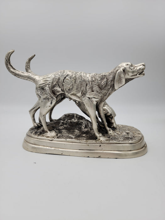 Detailed Pewter Plated Hunting Dog Statue - Two Dogs in Hunt Mode - Sportsman's Decor