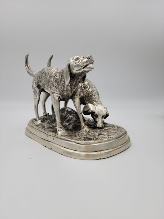 Detailed Pewter Plated Hunting Dog Statue - Two Dogs in Hunt Mode - Sportsman's Decor
