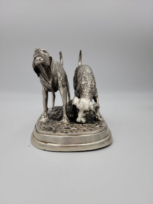Detailed Pewter Plated Hunting Dog Statue - Two Dogs in Hunt Mode - Sportsman's Decor