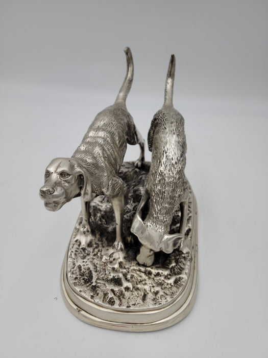 Detailed Pewter Plated Hunting Dog Statue - Two Dogs in Hunt Mode - Sportsman's Decor