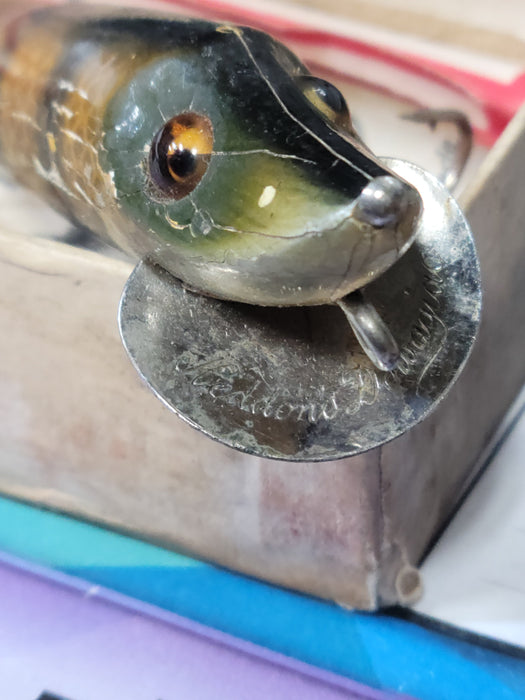 Heddon Fishing lure Dowagiac Minnow with paper and box.1920 to 1927