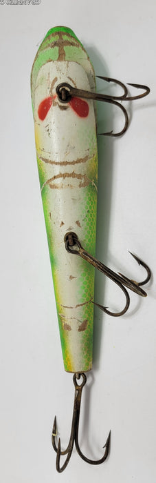GREEN, YELLOW, IVORY AND RED 3 HOOK WOOD 10" LURE-- MUSKIE, SALMON, LARGE BASS AND OTHER LARGE FISH