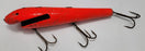 LARGE ORANGE WOODEN 10" LURE with BLACK EYES AND MOUTH AND 3 HOOKS.