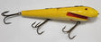LARGE WOODED 10" YELLOW AND RED FISHING LURE WITH RED EYES AND 3 HOOKS