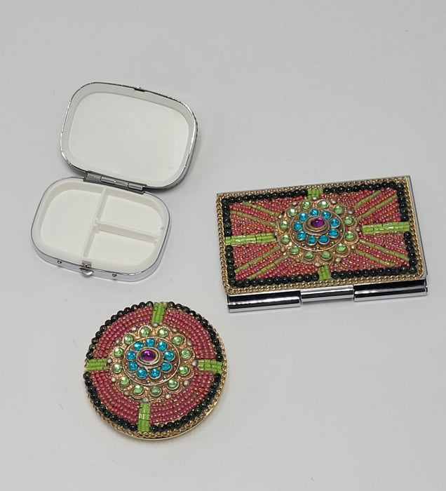 Set of Jeweled Compact Mirror, Pill Box, & Card Holder