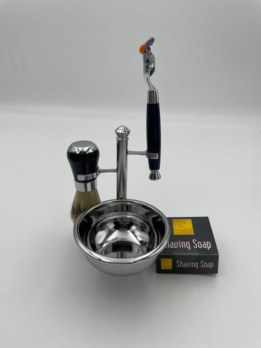 Kingsley Shave Set - Marble Blue look and Silver Handles, Soap and Stand SB-676