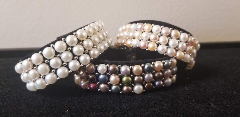 Jewelry - Sterling Silver Freshwater Cultured Pearl 3 Row Stretch Bracelet - Choice of Five Colors