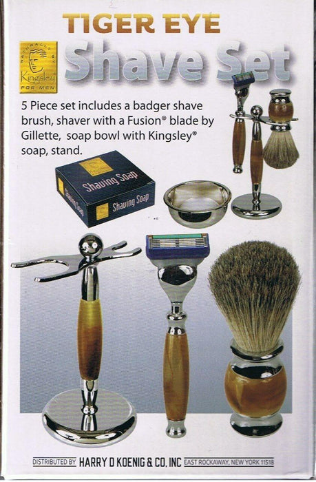Kingsley Shave Set -Tiger Eye and Silver Handles, Soap and Stand SB-671