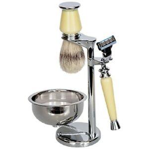 Kingsley Shave Set - Faux Ivory and Silver Handles, Soap and Stand SB-678