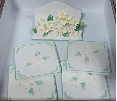 Richesco  Floral Yellow Green Coaster Set of 4 and holder