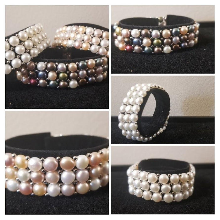 Jewelry - Sterling Silver Freshwater Cultured Pearl 3 Row Stretch Bracelet - Choice of Five Colors