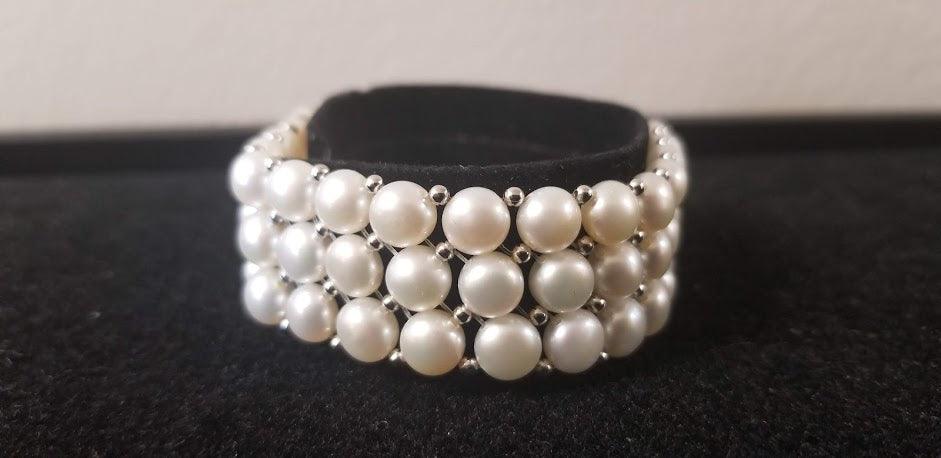 Jewelry - Sterling Silver Freshwater Cultured Pearl 3 Row Stretch Bracelet - Choice of Five Colors