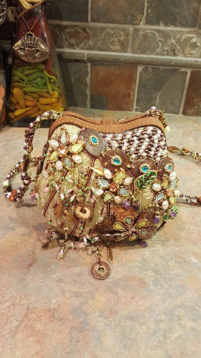 Mary Frances Green & Brown Hand Bag with Flowers Retired Design