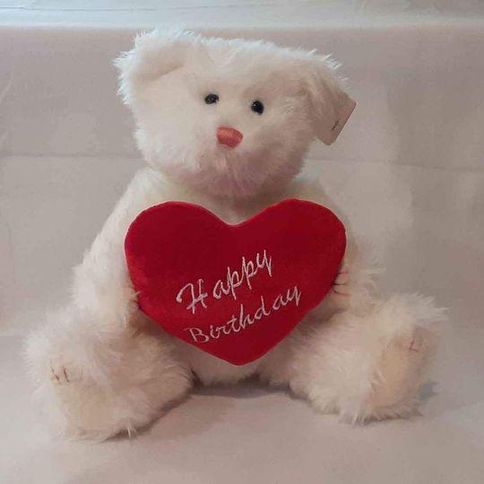 Plush - Happy Birthday  - White Bear with Heart
