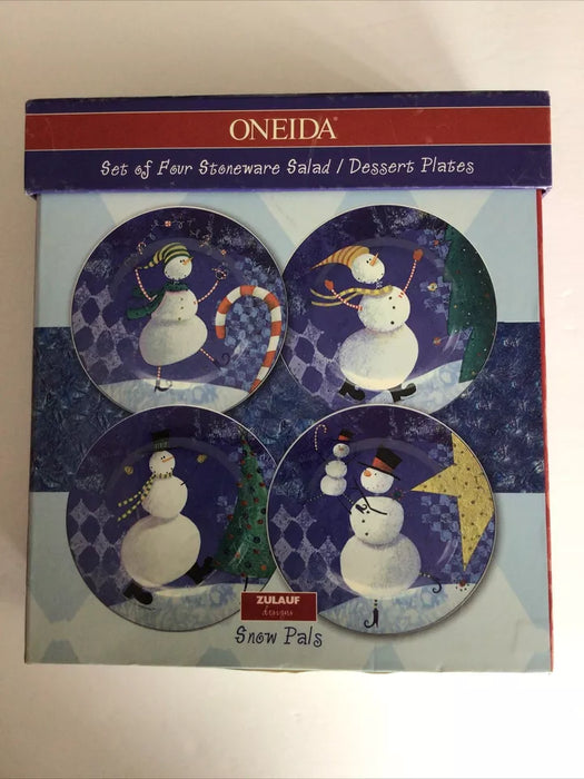 Collectible - Oneida Set Of 4  Snowman Stoneware Dessert Salad Plates