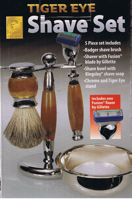 Kingsley Shave Set -Tiger Eye and Silver Handles, Soap and Stand SB-671