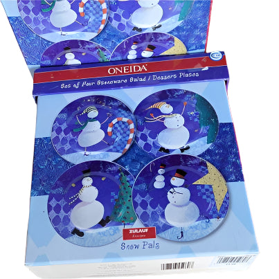 Collectible - Oneida Set Of 4  Snowman Stoneware Dessert Salad Plates