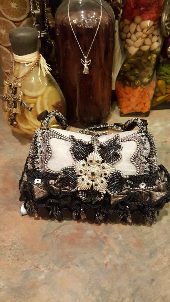 Mary Frances Hand Bag Black & Grey Ornate Retired Design