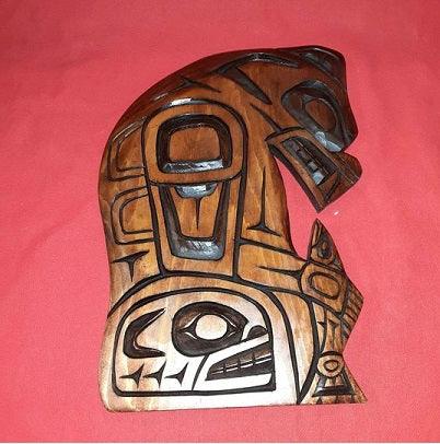 Wall art - Wood carving - Alaskan Artist - Bear and Cub with Salmon